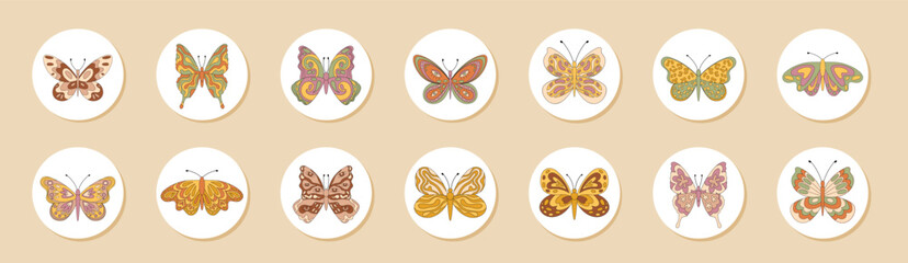 Groovy retro butterfly sticker set with colorful circle label for seal and package lid. Y2k and vintage graphic style, perfect for bright trendy packaging or product decoration.