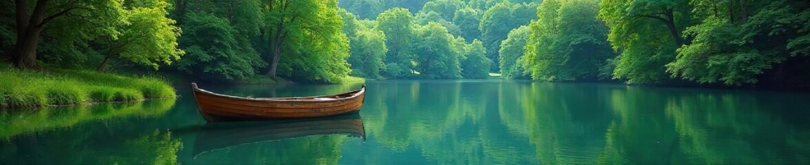 Obraz premium Tranquil Lake Scene Wooden Rowboat Gently Bobbing Amidst Lush Green Foliage and Towering Trees, Reflecting Serene Natural Beauty