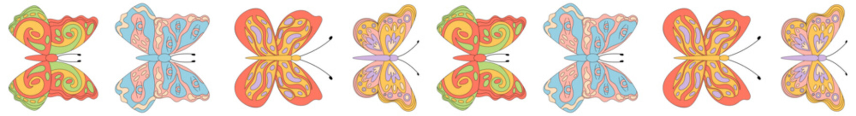 Obraz premium Groovy retro butterfly seamless border pattern in colorful spring style. Funky butterflies line up in a trendy y2k arrangement, creating a playful border for graphic pattern use or wallpaper art.