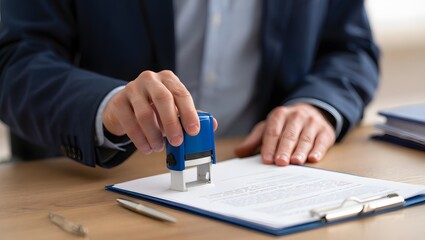 A corporate worker applying a stamp to an official document in the office, showcasing the business process of document approval and paperwork handling