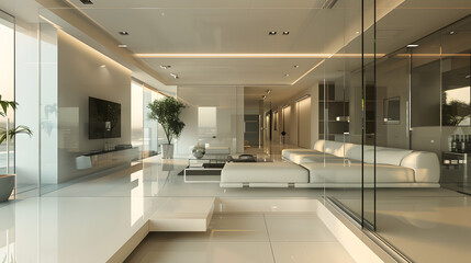 modern apartment with mirror illusion design, reflective walls, infinity effect, futuristic clean style, cinematic 16:9