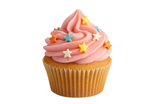 Cupcake with pink frosting and colorful star sprinkles
