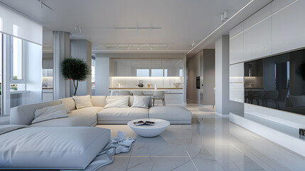 modern apartment with mirror illusion design, reflective walls, infinity effect, futuristic clean style, cinematic 16:9