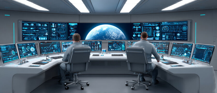 A futuristic control room with two individuals seated at computer consoles.
