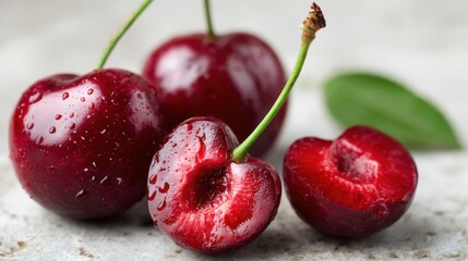 Several rich red cherries with water droplets sit against a light stone background. One cherry is cut in half showcasing its juicy interior. This creates a vibrant and fresh scene.
