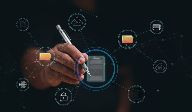 Digital data management concept. Businessman using pen point to file and interact with network icons, cloud storage and security. Representing online document organization and information technology.