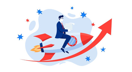 Businessman Riding Rocket to Success, Achieving Goals, Aiming for the Top of Company