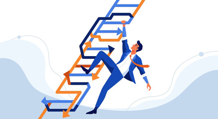 Businessman Struggling To Climb A Challenging Ladder Towards Business Goals Success Achievement