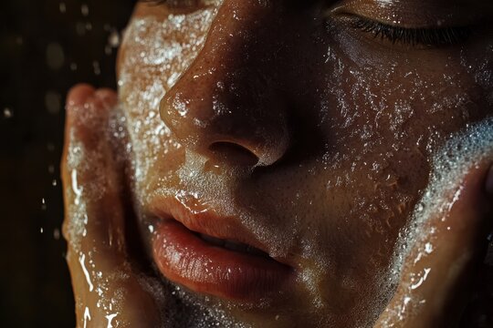 A person's face glistens wet with water droplets and foam, as hands gently cleanse the skin for a fresh, healthy glow.