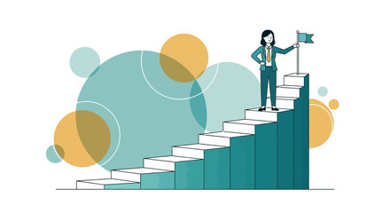 Businesswoman Achieving Success on Stairway to the Dream While Holding a Flag of Victory