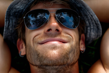 portrait of a man wearing sunglasses, and enjoys the sun