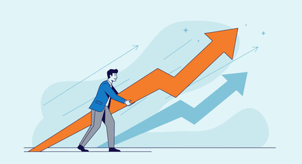 Businessman Working Hard to Improve Business Statistics Shows Growth and Financial Success