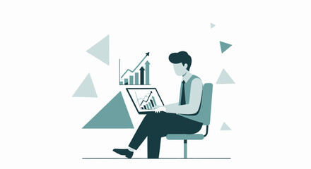 Businessman working on a laptop with a graph illustration, business and finance concept