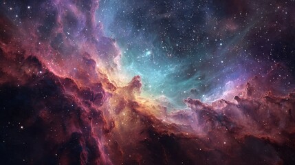 Obraz premium Bright colors and swirling clouds fill the vastness of space showcasing a mesmerizing nebula filled with countless stars and celestial details. A breathtaking cosmic scene unfolds.