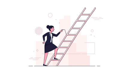 Businesswoman Ascending a Ladder Towards Career Improvement and Corporate Success, Cartoon