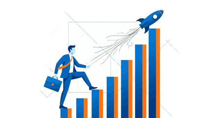 Businessperson Ascending Corporate Ladder Reaching Success With Rocket Launch, Vision