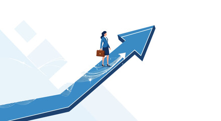 Businesswoman Ascending The Upward Arrow Symbolizing Growth And Success In Work