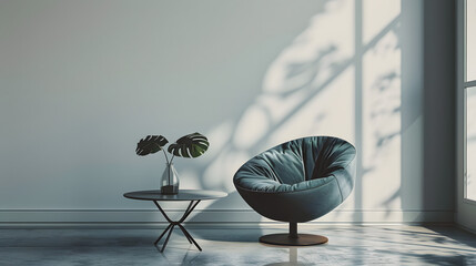 elegant designer chair and coffee table in minimal studio background, clean product photography style, cinematic 16:9