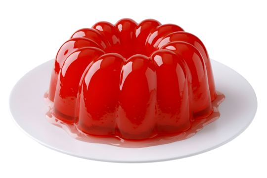 Vibrant red fruit jelly dessert molded in a fluted ring shape on a white plate isolated on transparent background