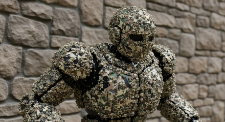 Robot in camouflage suit with granular texture standing next to a stone wall. Military technology and advanced disguise concept. Robotic soldier design.