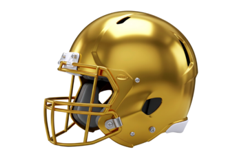 Shiny golden american football helmet with facemask isolated on transparent background