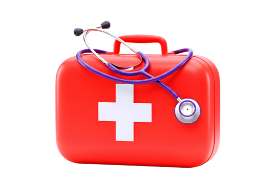 Red medical first aid kit with stethoscope isolated on transparent background - Powered by Adobe