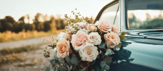Elegant wedding floral arrangement adorning a vintage car bonnet, capturing timeless love