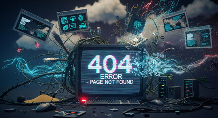 404 error on a monitor with broken screen. Concept of digital data loss, server problem and cyber security. Network problem and digital data information.