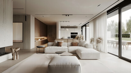 modern minimalist interior design, open space, clean lines, soft neutral colors, natural light, stylish furniture, cinematic 16:9