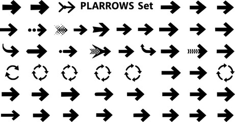 PLARROWS Set: Collection of Black Arrow Icons in Various Styles, Directions, and Shapes on White Background for Web Design