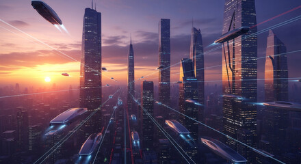 Futuristic city skyline at sunset with flying vehicles. Concept of future urban transportation and modern architecture. Sci-fi cityscape.
