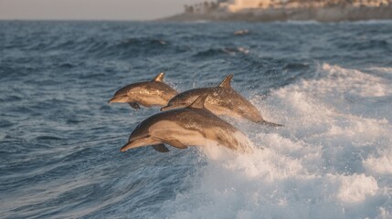 Obraz premium Dolphins leaping from the ocean: a captivating moment of wildlife in the sea
