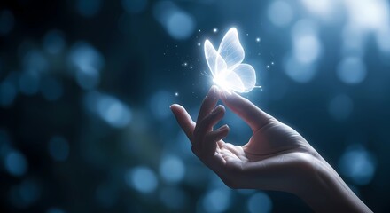 Magical scene of a hand reaching out to a shining butterfly, fantasy background with bokeh lights