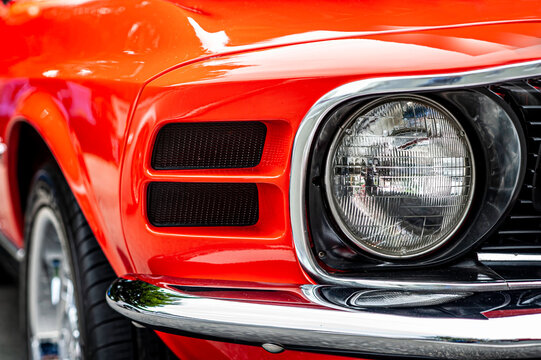 Closeup of restored vintage car.