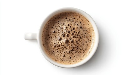 Obraz premium A warm cup filled with coffee rests on a clean surface showcasing a rich layer of foam on top. The scene captures a tranquil morning at home perfect for relaxation.