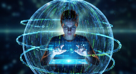 Woman manipulating futuristic interface surrounded by digital globe. Big data analytics and global network management concept. AI and blockchain.