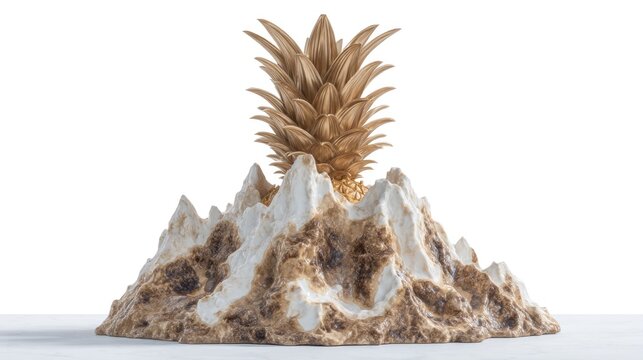 Gold Pineapple Sculpture Resting on a Textured Mountainous White Base