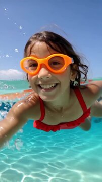 Young girl swimming underwater with goggles