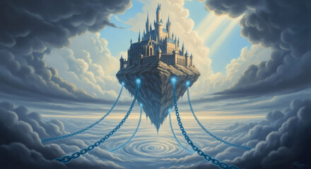 Floating fantasy castle with chains descending into a cloud vortex. Magical dreamlike landscape for creative storytelling and game design.