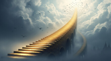 Staircase to heaven with birds flying in the clouds. Conceptual image of spiritual journey, aspiration, and endless possibility for motivation.