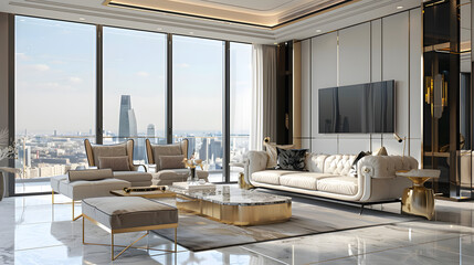 luxury penthouse living room with panoramic city view, elegant furniture, marble coffee table, golden accents, cinematic 16:9