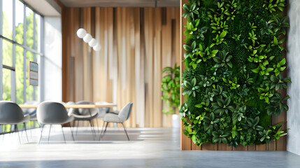 modern interior with vertical green wall, natural wood, open space, eco-friendly sustainable design, cinematic 16:9