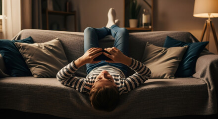 Obraz premium Kid looking at smartphone while lying down on sofa with feet up. Youth addiction to social network and mobile game. Digital device usage by kid.