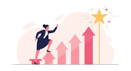 Businesswoman Climbing Arrows Towards Star Symbolizing Goals Achievement and Success