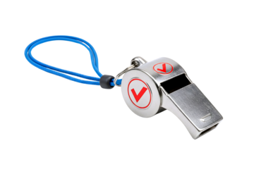 Silver metal sports referee whistle with blue lanyard isolated on transparent background
