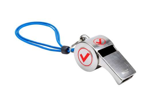 Silver metal sports referee whistle with blue lanyard isolated on transparent background