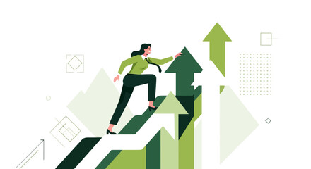 Businesswoman Climbing Up Arrows Representing Growth And Achieving Success