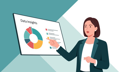 Fototapeta premium Businesswoman Explains Detailed Data Insights Using Illustrated Charts and Summaries Display