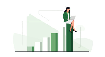 Businesswoman Sitting Atop Chart Analyzing Data on Laptop Achieving Financial Growth