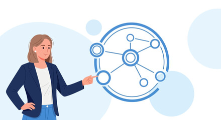 Businesswoman presenting a network diagram, representing data and connections